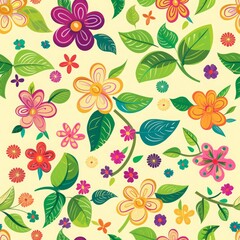 Fototapeta premium Colorful floral pattern with various flowers and green leaves on a light yellow background. Seamless pattern for design and print, pattern cartoon background