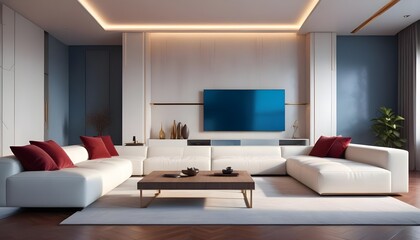 High end modern living room with white leather couch and a large flat screen tv mounted on the wall, brutalist architecture mixed with modern futuristic minimal design