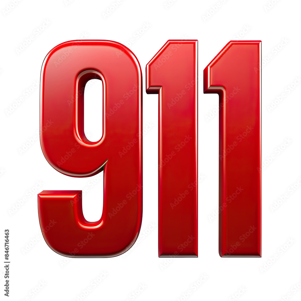 Poster a close-up image of the red number 911 rendered in a 3d style, isolated against a white background. 