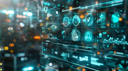 Obraz premium A futuristic looking screen with a bunch of different icons on it, AI