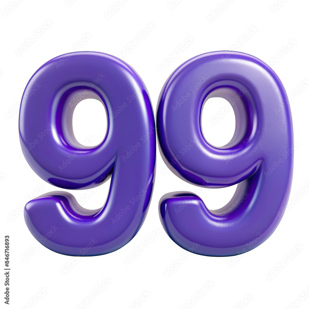 Poster a close-up of the number ninety-nine rendered in a 3d style with a glossy purple finish. the number 