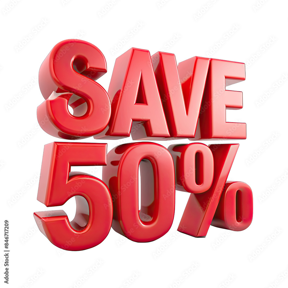 Poster a red 3d rendering of the words save 50 percent isolated on a white background. the text is bold and