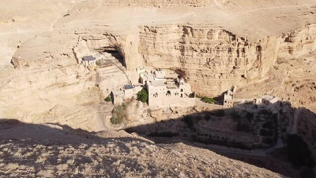 Aerial video above saint george monastery on a sunny day, Israel