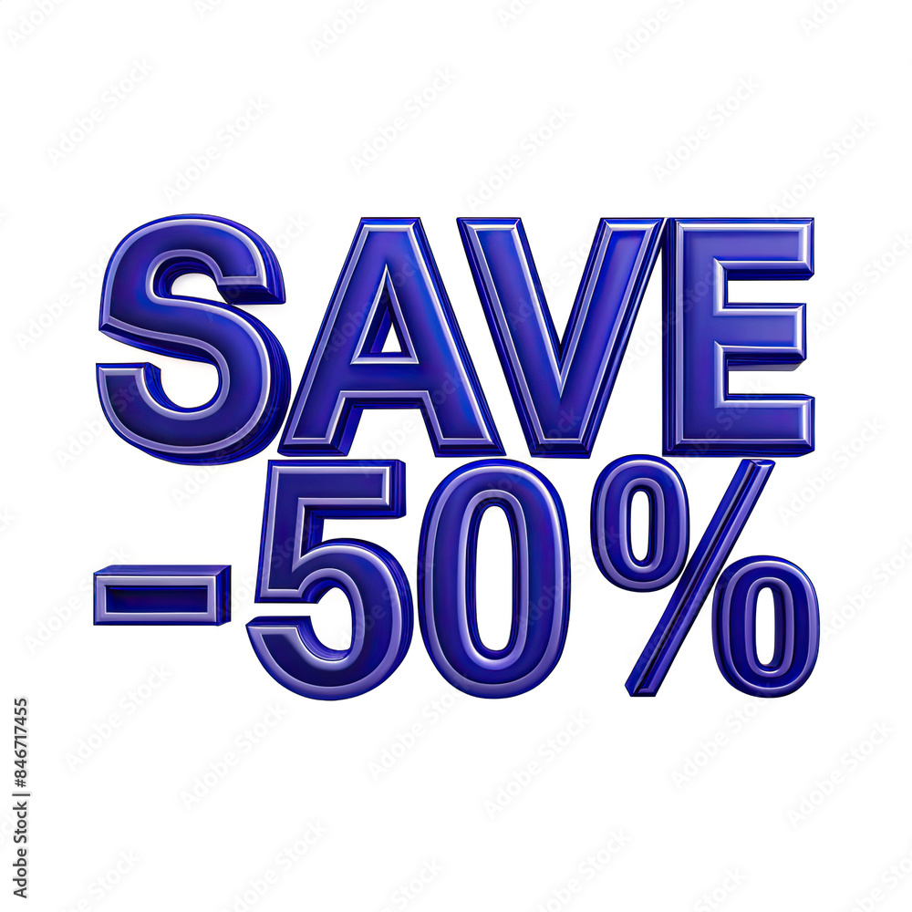 Aufkleber a 3d rendering of the words save 50 percent in a blue color scheme, isolated against a white backgro