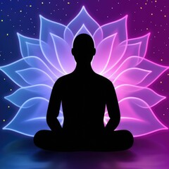 Silhouette of a Meditating Person with Glowing Lotus Flower on Gradient Background
