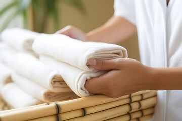 Obraz premium Chambermaids hands carefully rolling