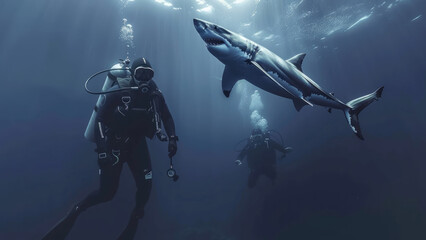 Fototapeta premium Divers Encountering a Shark Underwater