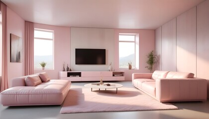 Fototapeta premium High end modern living room with white leather couch and a large flat screen tv mounted on the wall, brutalist architecture mixed with modern futuristic minimal design