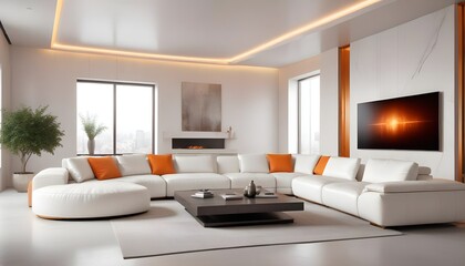 High end modern living room with white leather couch and a large flat screen tv mounted on the wall, brutalist architecture mixed with modern futuristic minimal design