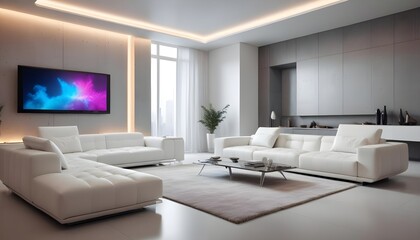High end modern living room with white leather couch and a large flat screen tv mounted on the wall, brutalist architecture mixed with modern futuristic minimal design