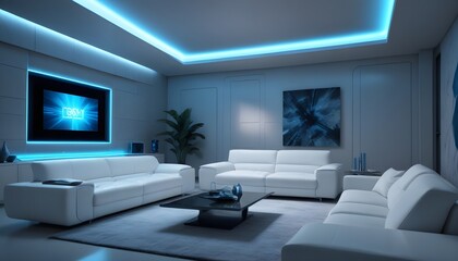 High end modern living room with white leather couch and a large flat screen tv mounted on the wall, brutalist architecture mixed with modern futuristic minimal design