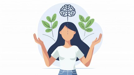 Illustration of Woman Balancing Mind and Nature - Symbolizing Mental Health and Inner Harmony
