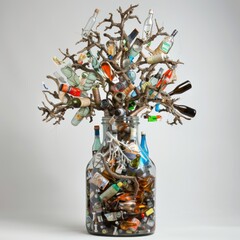 tree made from glass and plastic bottles