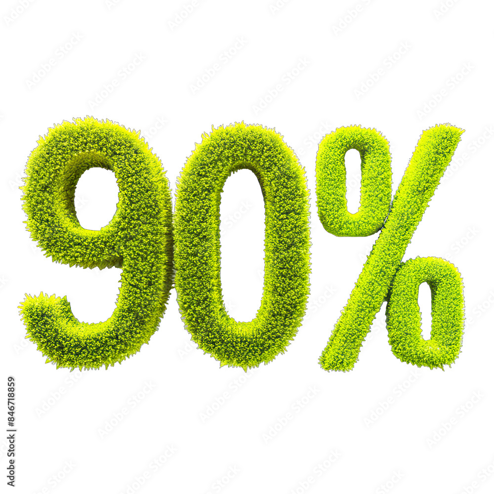Poster a 3d rendering of the number 90 and a percent symbol, made entirely of green grass, isolated on a wh
