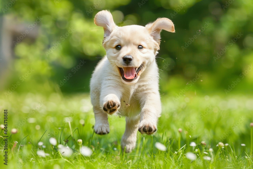 Poster white pomeranian puppy running on green grass in minimalist setting with copy space