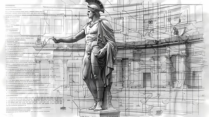 The sketch of a Roman legionnaire standing in front of the colosseum  in black pencil on white paper, wall art, background, wallpaper, vintage style 