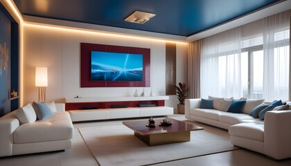 High end modern living room with white leather couch and a large flat screen tv mounted on the wall, brutalist architecture mixed with modern futuristic minimal design