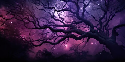 Purple sky in the night with many stars and magic fantasy tree on background scene