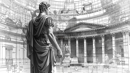 The sketch of a Roman legionnaire standing in front of the colosseum  in black pencil on white paper, wall art, background, wallpaper, vintage style 