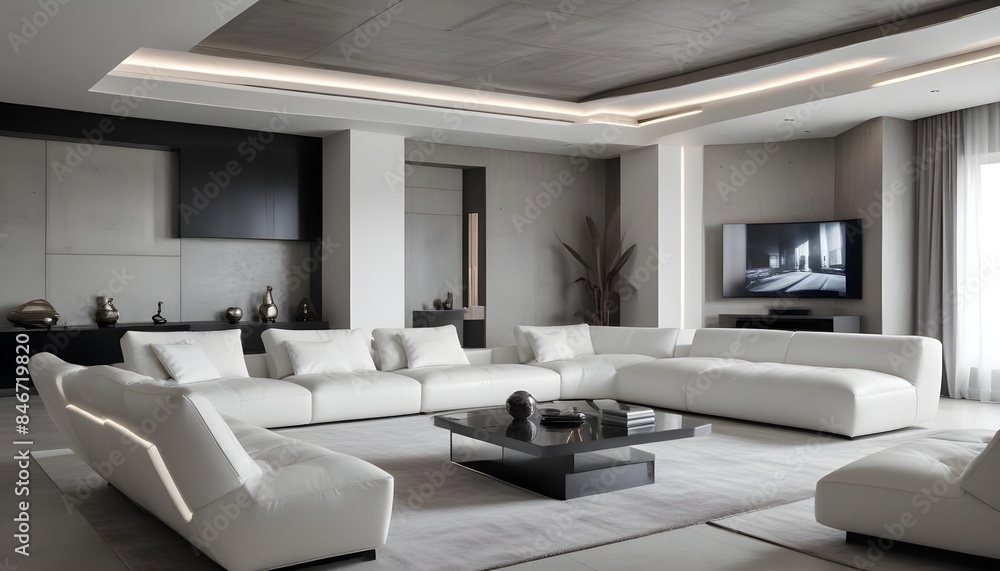 Wall mural high end modern living room with white leather couch and a large flat screen tv mounted on the wall,