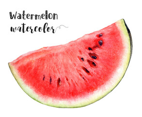 Realistic watercolor painting of a juicy watermelon slice with vibrant red pulp and green rind. Detailed and fresh, this botanical illustration is ideal for summer, food, and tropical designs.
