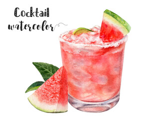 Realistic watercolor illustration of a refreshing watermelon cocktail garnished with a slice of lime, watermelon, and ice cubes. Perfect for summer, tropical, and culinary-themed designs. PNG