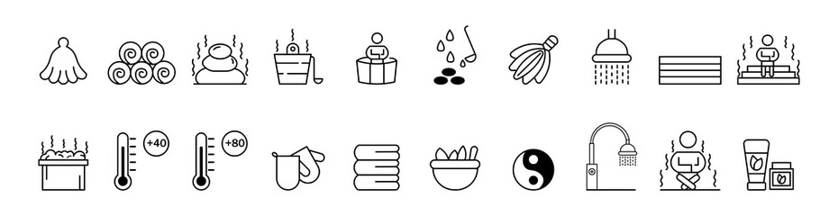 Sauna icon set. Steam bath outline icon set. Bath vector icons