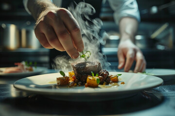 close up horizontal detail image of a chef plating a fancy beef dish in the kitchen of a fine dining restaurant