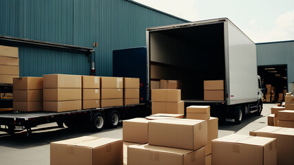 A bustling loading dock where a large moving truck is being loaded with furniture and boxes. the background shows other trucks and loading bays, indicating a busy moving operation but no any person