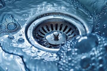 Detailed close up of a kitchen sink with visible clog and blockage in a comprehensive view