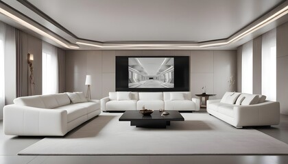 Fototapeta premium High end modern living room with white leather couch and a large flat screen tv mounted on the wall, brutalist architecture mixed with modern futuristic minimal design