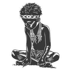 native australian tribe little boy full body with engraving style black color only
