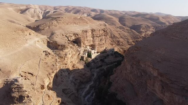 Aerial video above saint george monastery on a sunny day, Israel