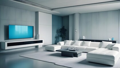 High end modern living room with white leather couch and a large flat screen tv mounted on the wall, brutalist architecture mixed with modern futuristic minimal design