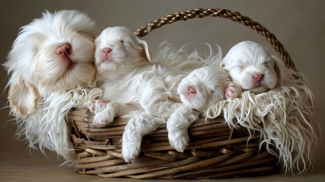 Sweet newborn puppy peacefully napping with siblings in a cozy basket, cute canine family scene