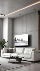 High end modern living room with white leather couch and a large flat screen tv mounted on the wall, brutalist architecture mixed with modern futuristic minimal design
