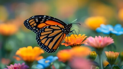 A butterfly is eating a flower in a field of flowers