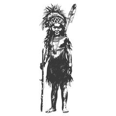 Fototapeta premium native australian tribe little girl full body with engraving style black color only