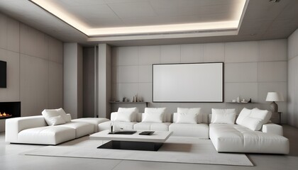 High end modern living room with white leather couch and a large flat screen tv mounted on the wall, brutalist architecture mixed with modern futuristic minimal design