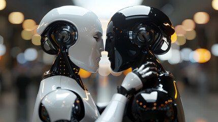 Fototapeta premium Together, a white ai robot facing a black ai robot, holding each other.