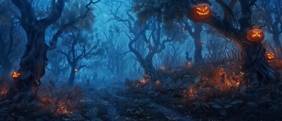 Halloween background of a dark forest with twisted branches, thick mist, and ominous shadows
