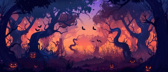 Halloween background of a dark forest with twisted branches, thick mist, and ominous shadows