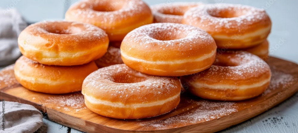 Poster stack of powdered donuts highlighting shape and color on simple background for visual emphasis