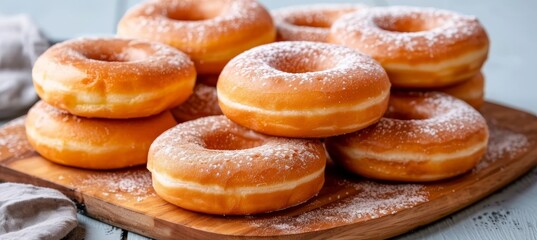 Stack of powdered donuts highlighting shape and color on simple background for visual emphasis