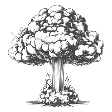 Sketch of Nuclear Explosion Cloud - Black and White Vintage Style