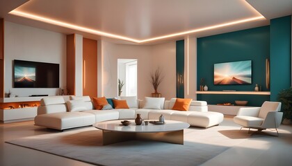 High end modern living room with white leather couch and a large flat screen tv mounted on the wall, brutalist architecture mixed with modern futuristic minimal design