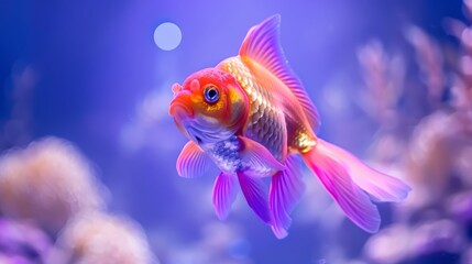 Beautiful golden fish swimming gracefully in aquarium with captivating bokeh light background