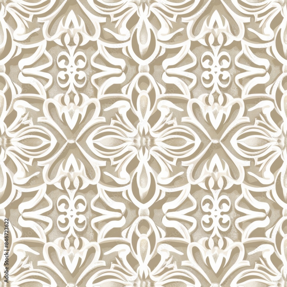 Poster abstract geometric floral pattern in beige and white tones with intricate symmetrical designs. seaml