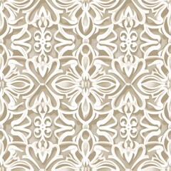 Abstract geometric floral pattern in beige and white tones with intricate symmetrical designs. Seamless pattern for design and print