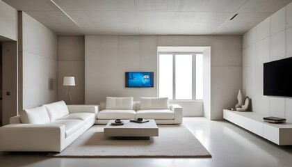High end modern living room with white leather couch and a large flat screen tv mounted on the wall, brutalist architecture mixed with modern futuristic minimal design